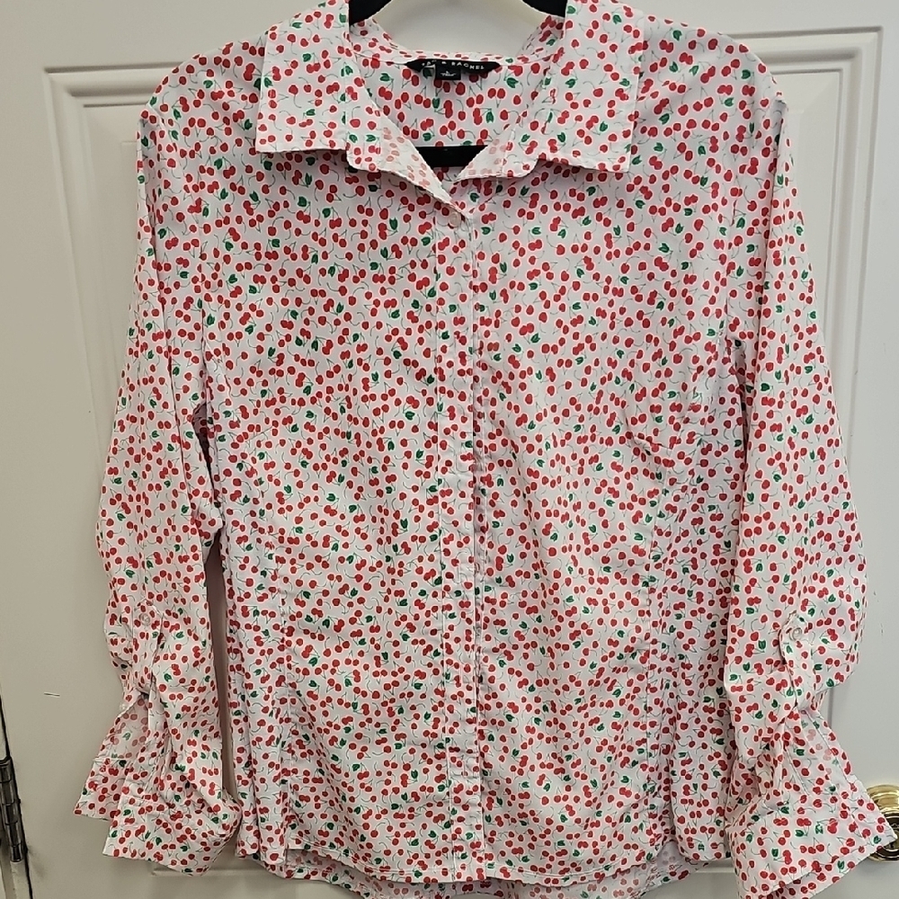 Red, Cherry, Print, Blouse, Button Down, Casual, Summer, Wedding, Travel, Clean